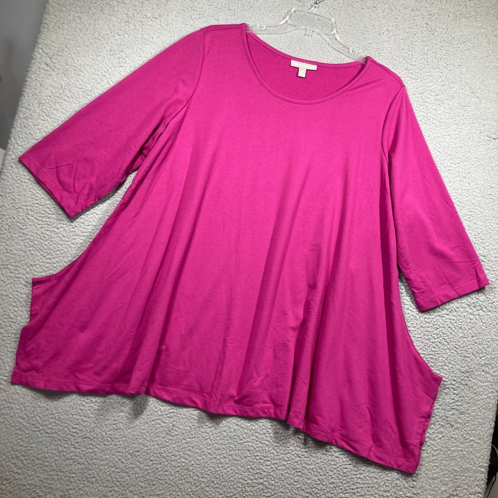 Woman Within Tunic Top Women 26/28 2X Pink 3/4 Sleeve Sharkbite Hem Scoop Neck